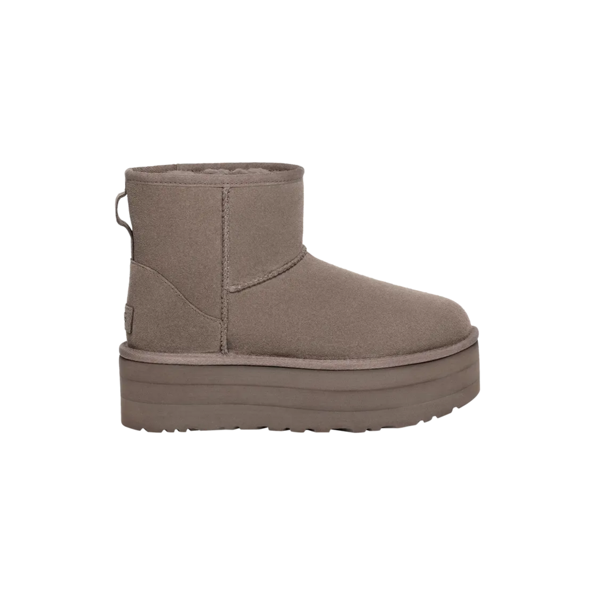 UGG Classic Mini Platform Smoke Plum stivaletti con zeppa donna in pelle scamosciata e montone prugna, vista laterale
