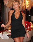 Mini abito da donna in pizzo – Scollo profondo halter con lacci