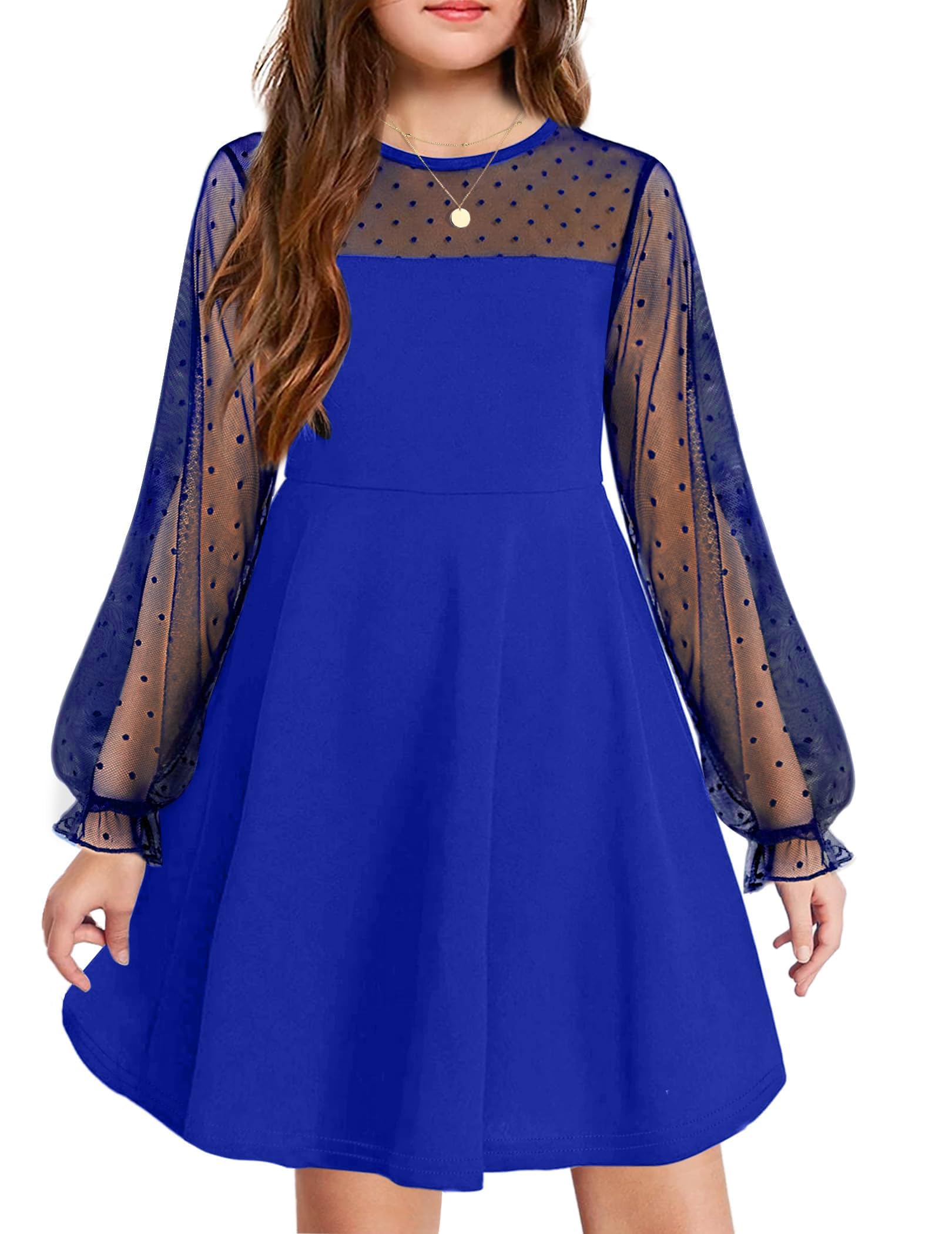 Vestito Aishi per Ragazza – Maniche Lunghe in Mesh, Taglio A-Line e Vita Alta con Tasche