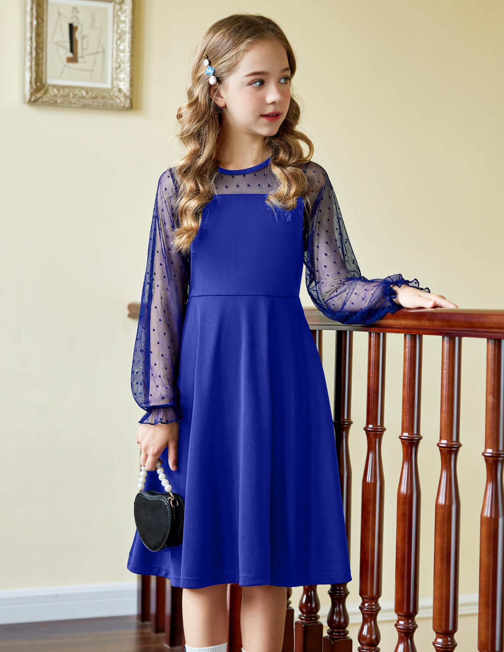 Vestito Aishi per Ragazza – Maniche Lunghe in Mesh, Taglio A-Line e Vita Alta con Tasche