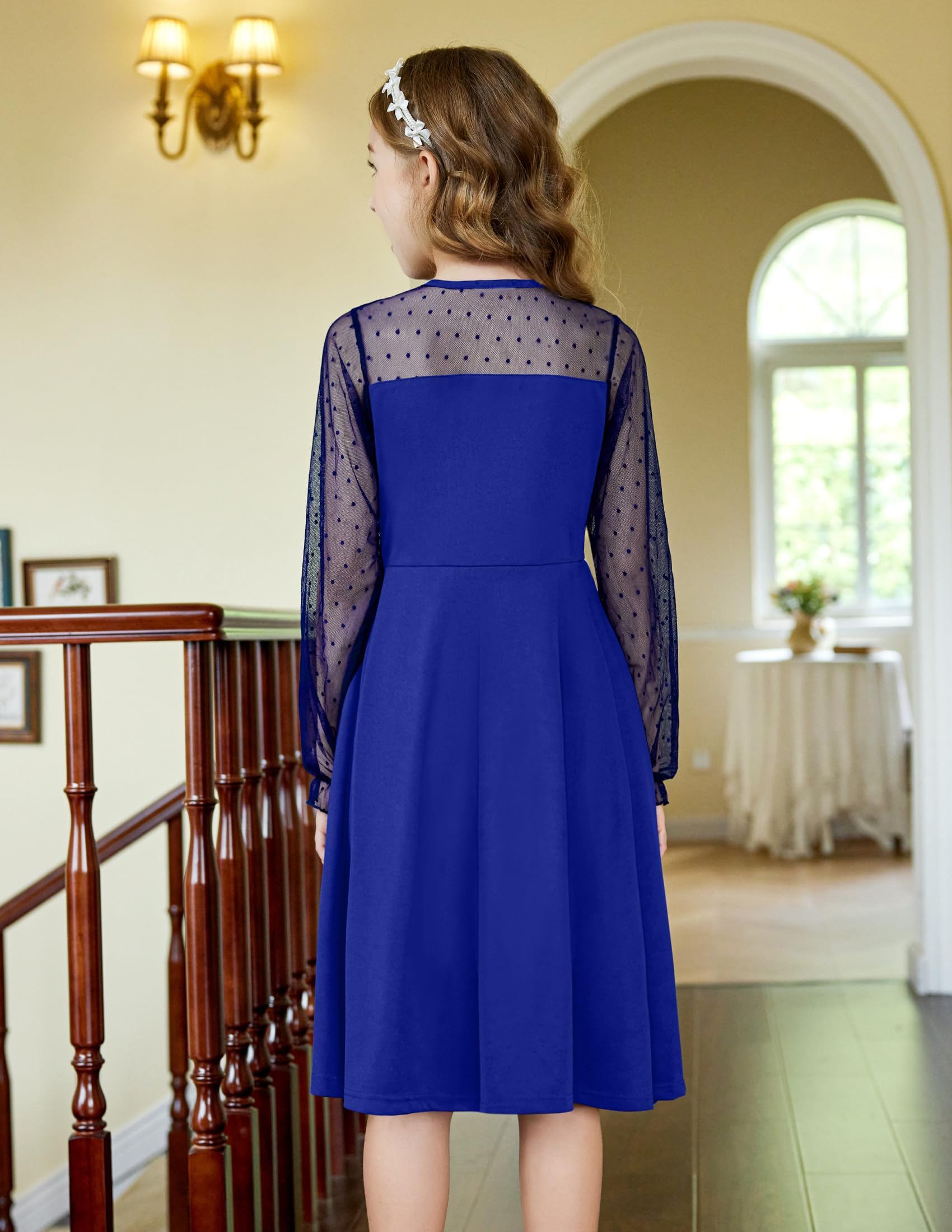 Vestito Aishi per Ragazza – Maniche Lunghe in Mesh, Taglio A-Line e Vita Alta con Tasche