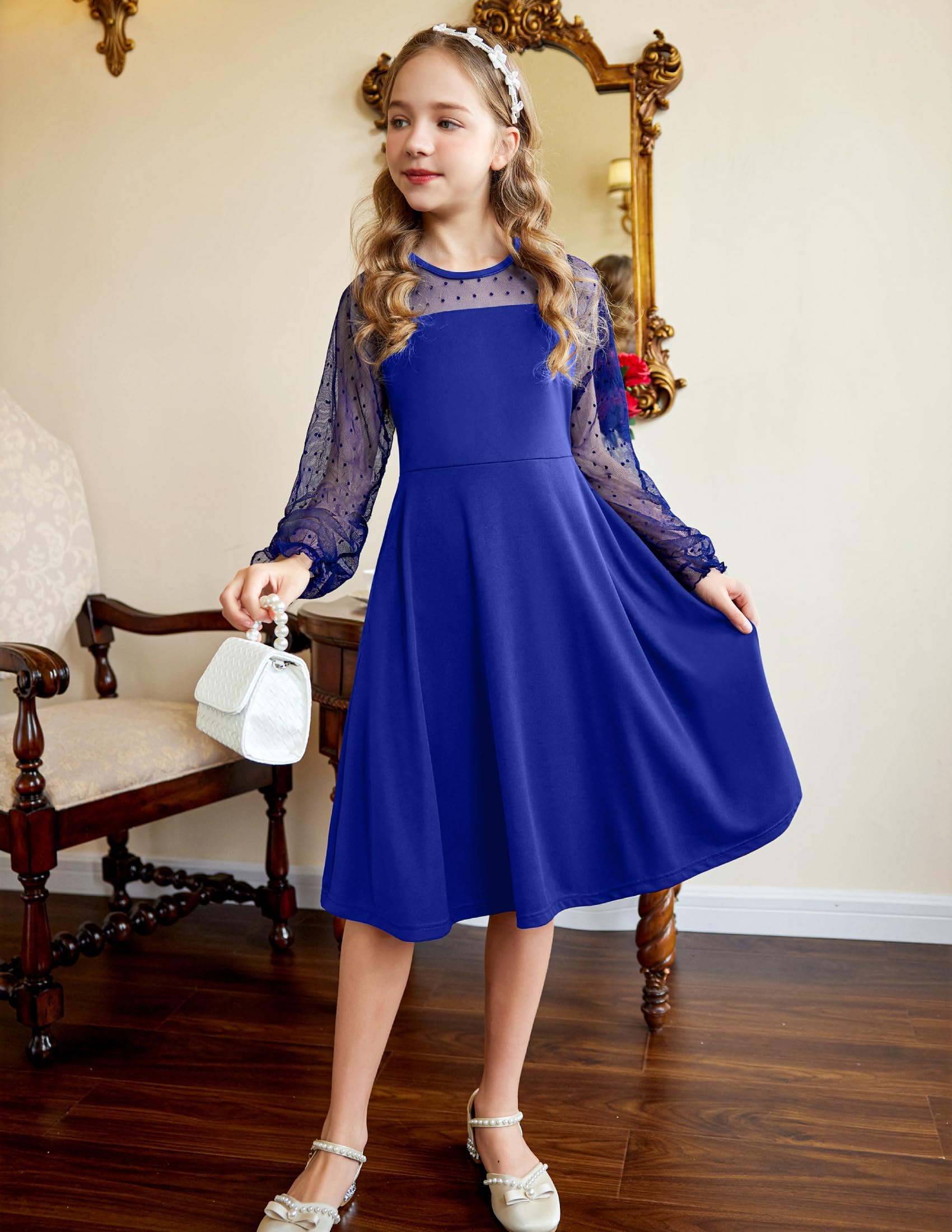 Vestito Aishi per Ragazza – Maniche Lunghe in Mesh, Taglio A-Line e Vita Alta con Tasche