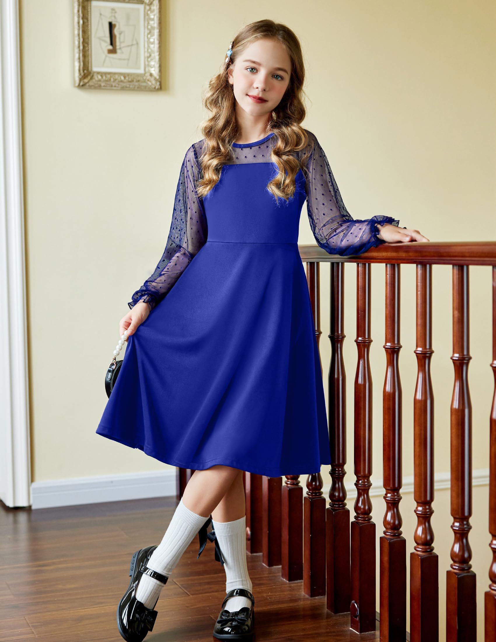Vestito Aishi per Ragazza – Maniche Lunghe in Mesh, Taglio A-Line e Vita Alta con Tasche