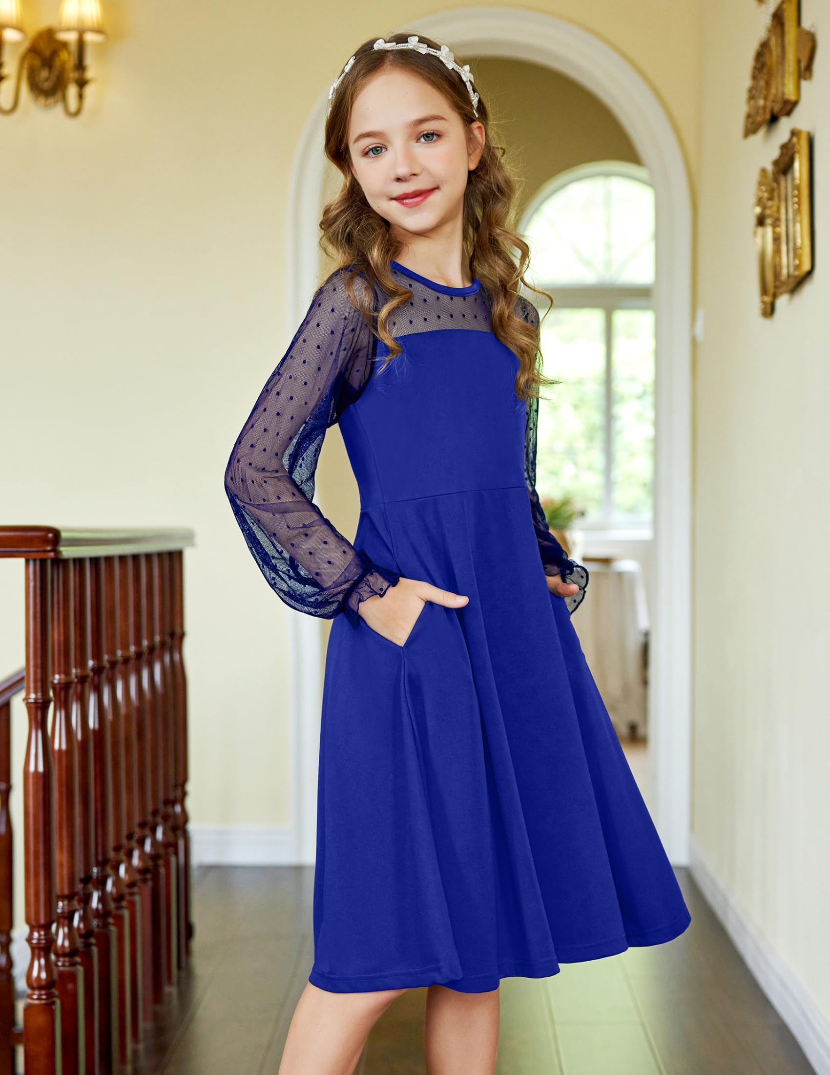 Vestito Aishi per Ragazza – Maniche Lunghe in Mesh, Taglio A-Line e Vita Alta con Tasche