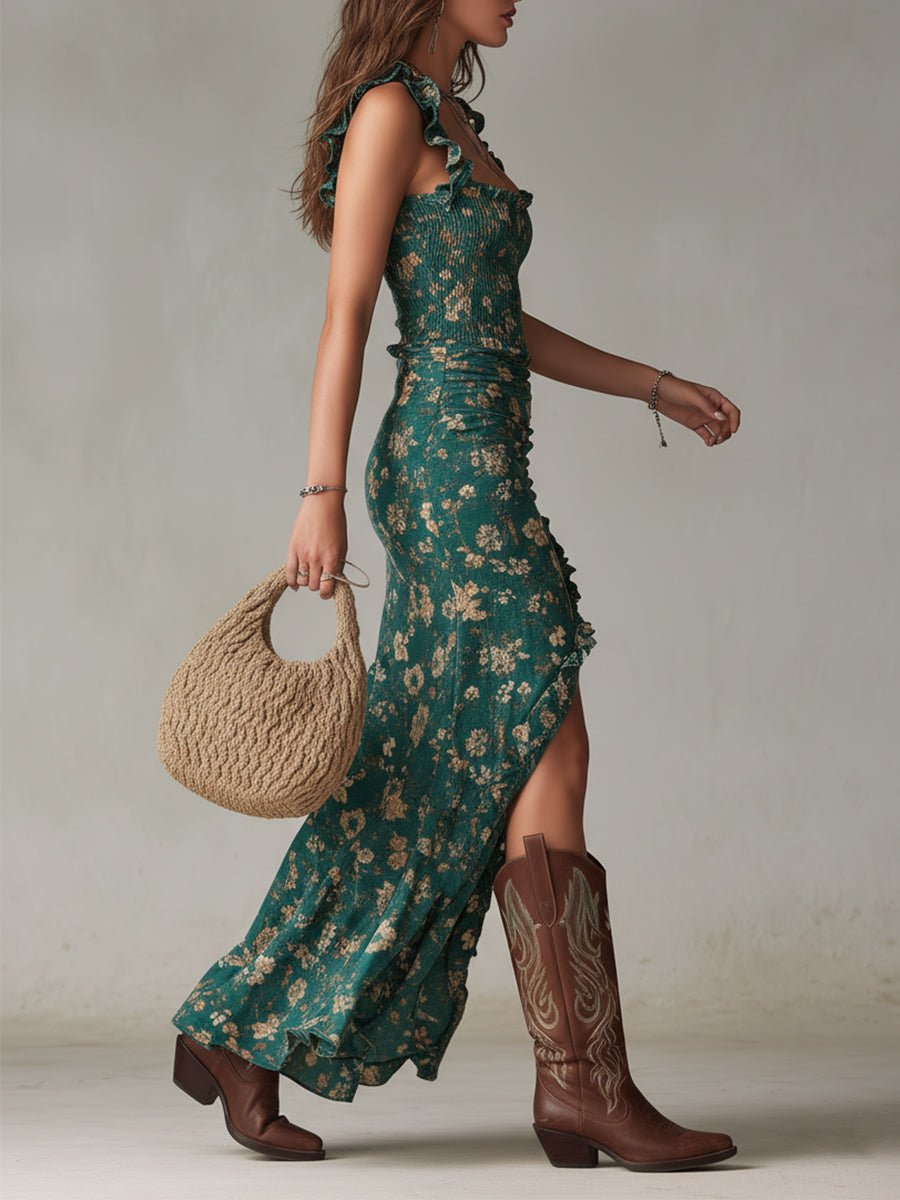 Isla | Abito lungo da donna boho con fiori, arricciato e spacco laterale