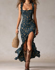 Isla | Abito lungo da donna boho con fiori, arricciato e spacco laterale
