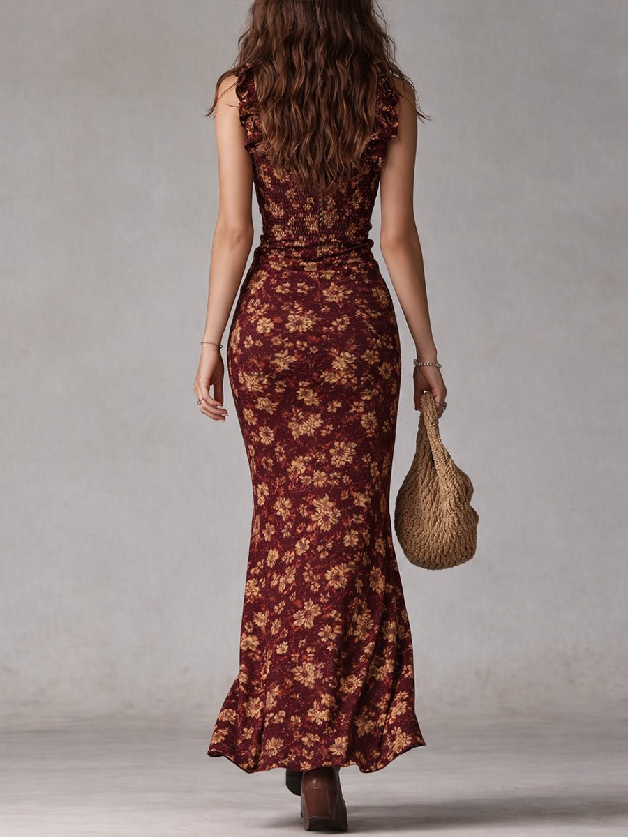 Isla | Abito lungo da donna boho con fiori, arricciato e spacco laterale