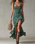 Isla | Abito lungo da donna boho con fiori, arricciato e spacco laterale