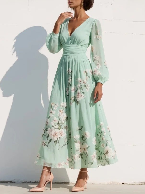Isla | Abito da donna a fiori con scollo a V, maniche a palloncino plissettate