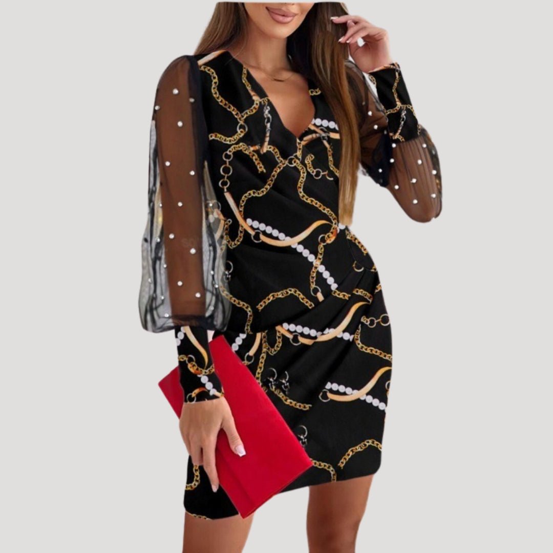 Jenny | Vestito corto da donna con maniche trasparenti e scollo a V, modello incrociato