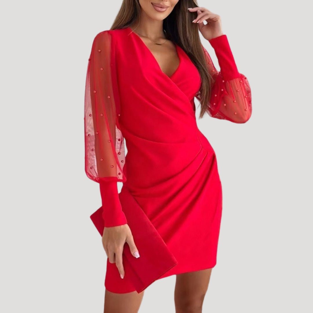Jenny | Vestito corto da donna con maniche trasparenti e scollo a V, modello incrociato