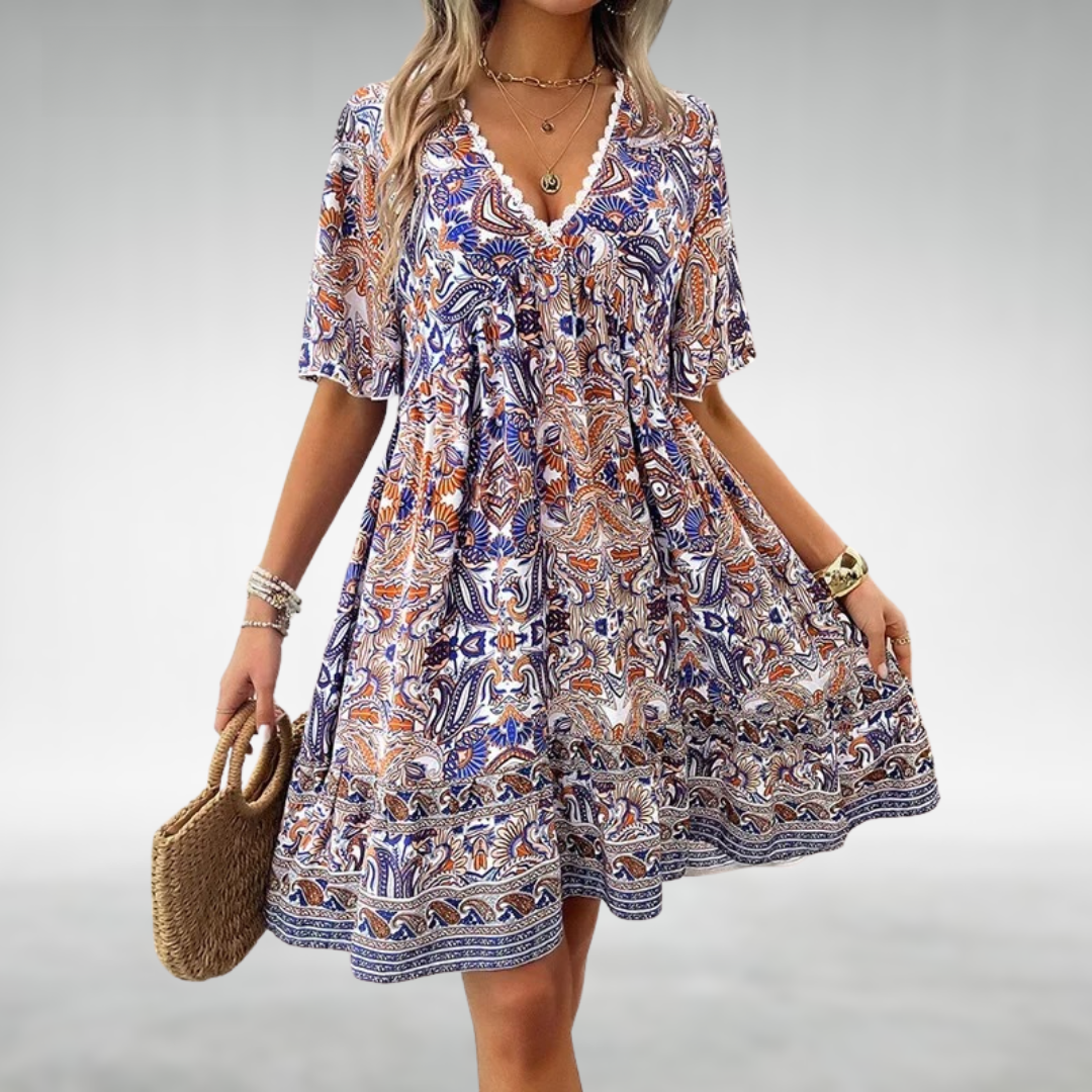 Jessica | Vestito Mini Donna Boho Stampato con Scollo a V