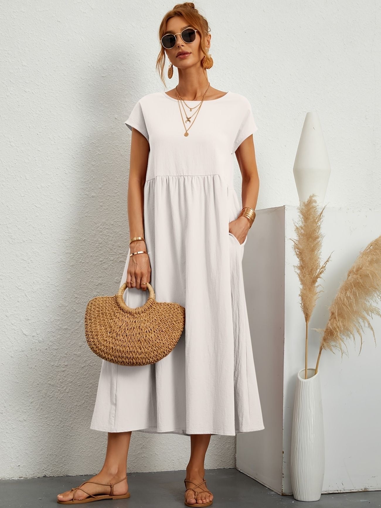 Kaitlyn | Abito Midi Donna Largo con Tasche e Maniche Corte
