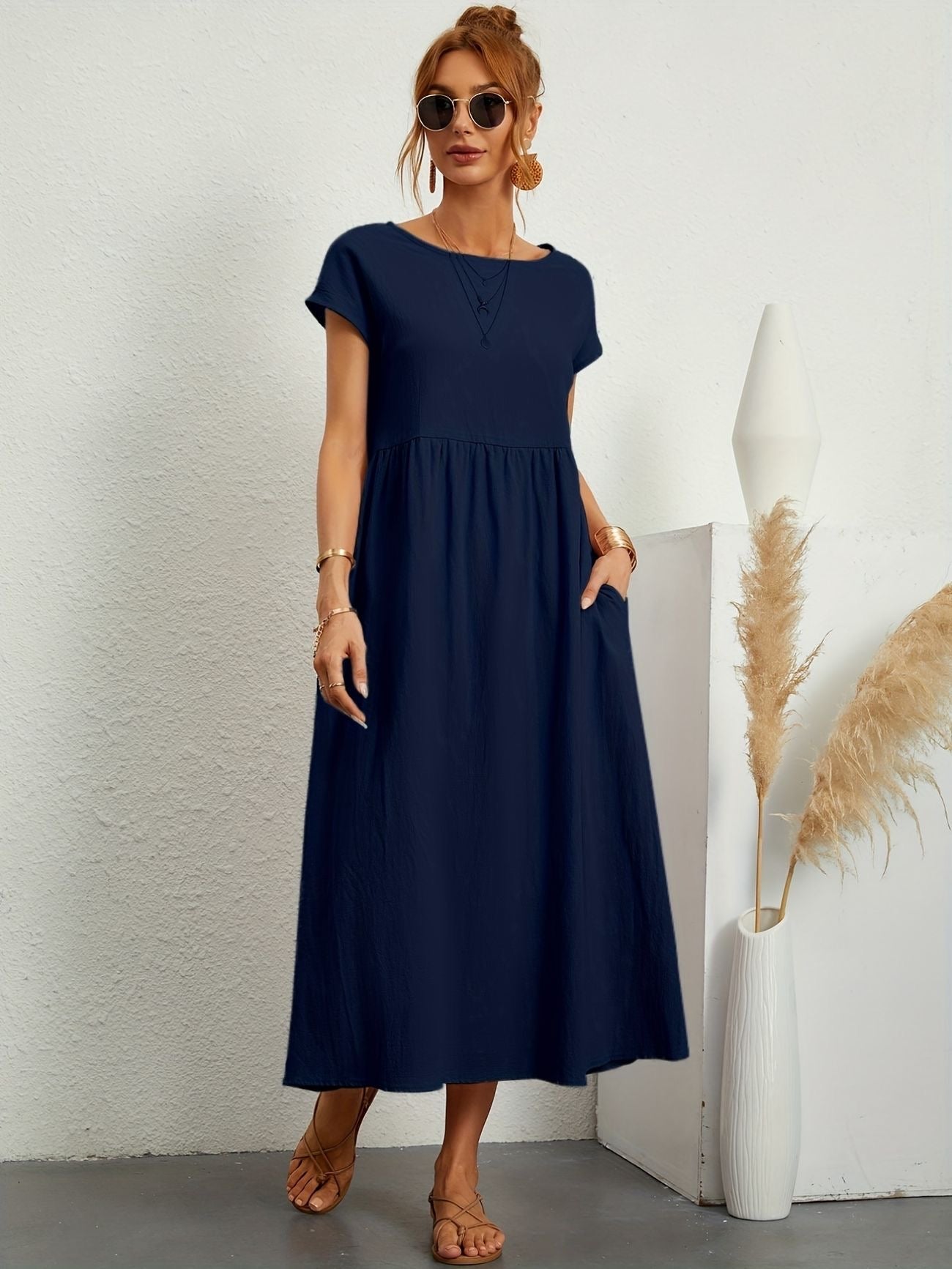 Kaitlyn | Abito Midi Donna Largo con Tasche e Maniche Corte