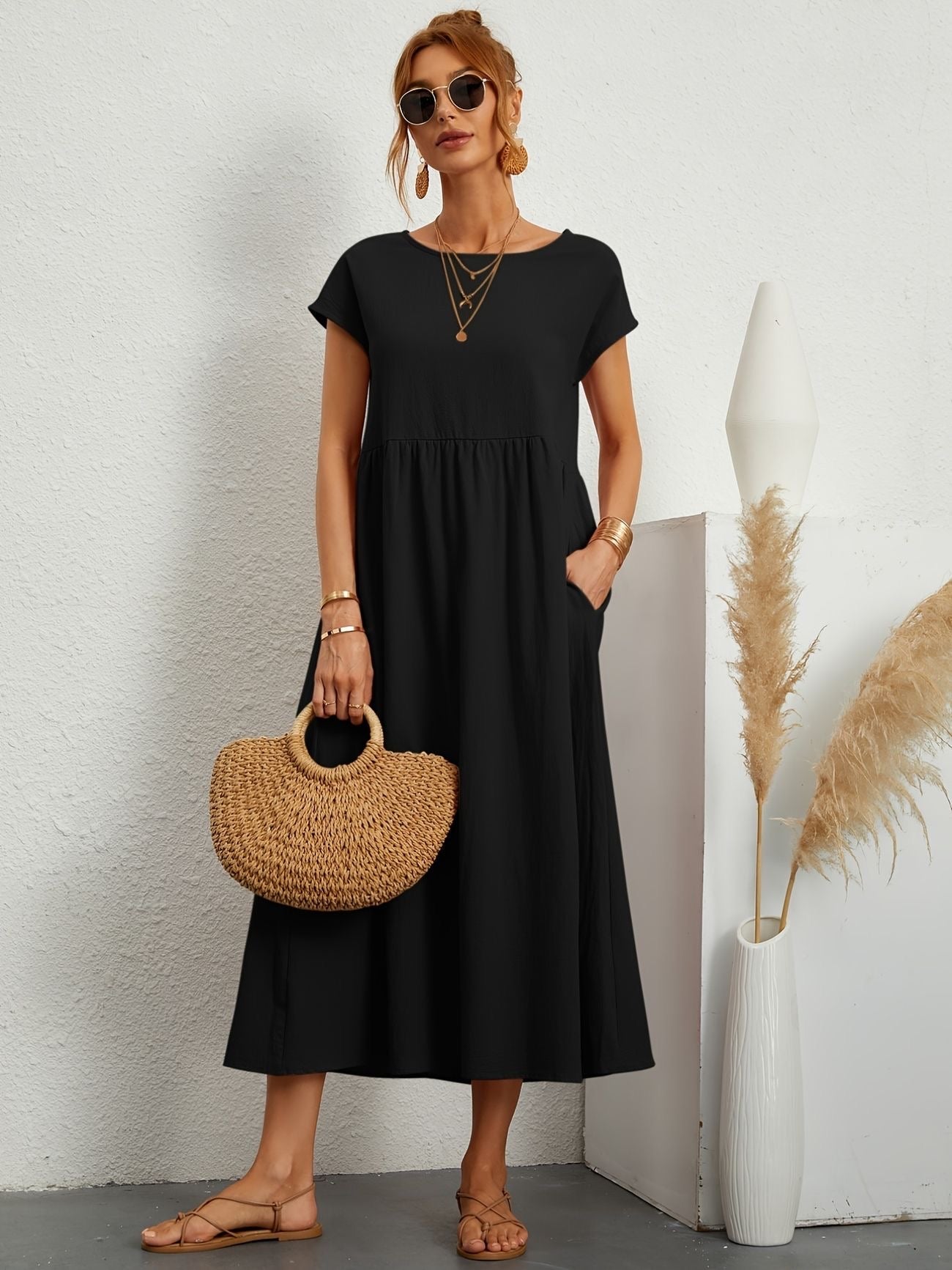 Kaitlyn | Abito Midi Donna Largo con Tasche e Maniche Corte