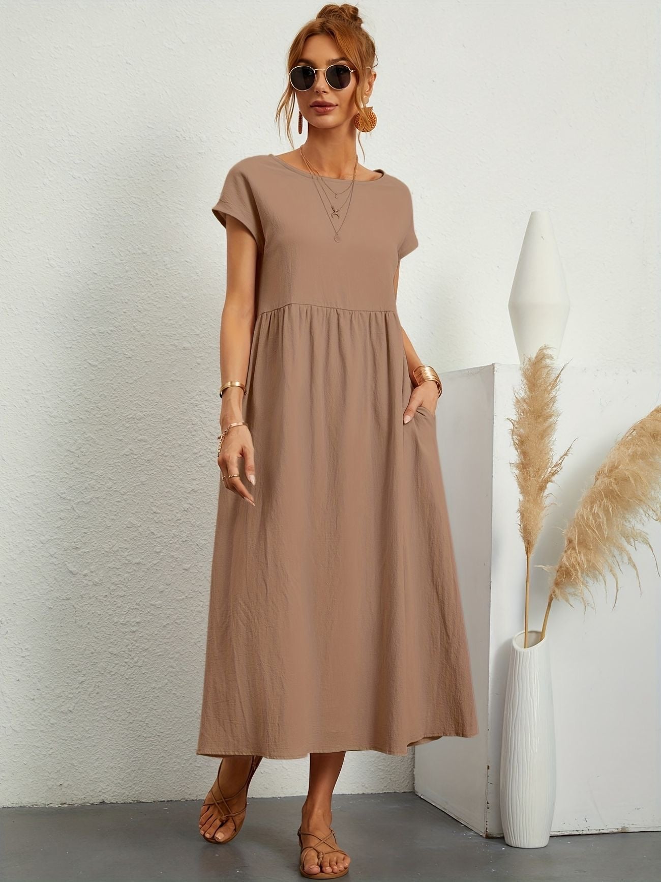 Kaitlyn | Abito Midi Donna Largo con Tasche e Maniche Corte