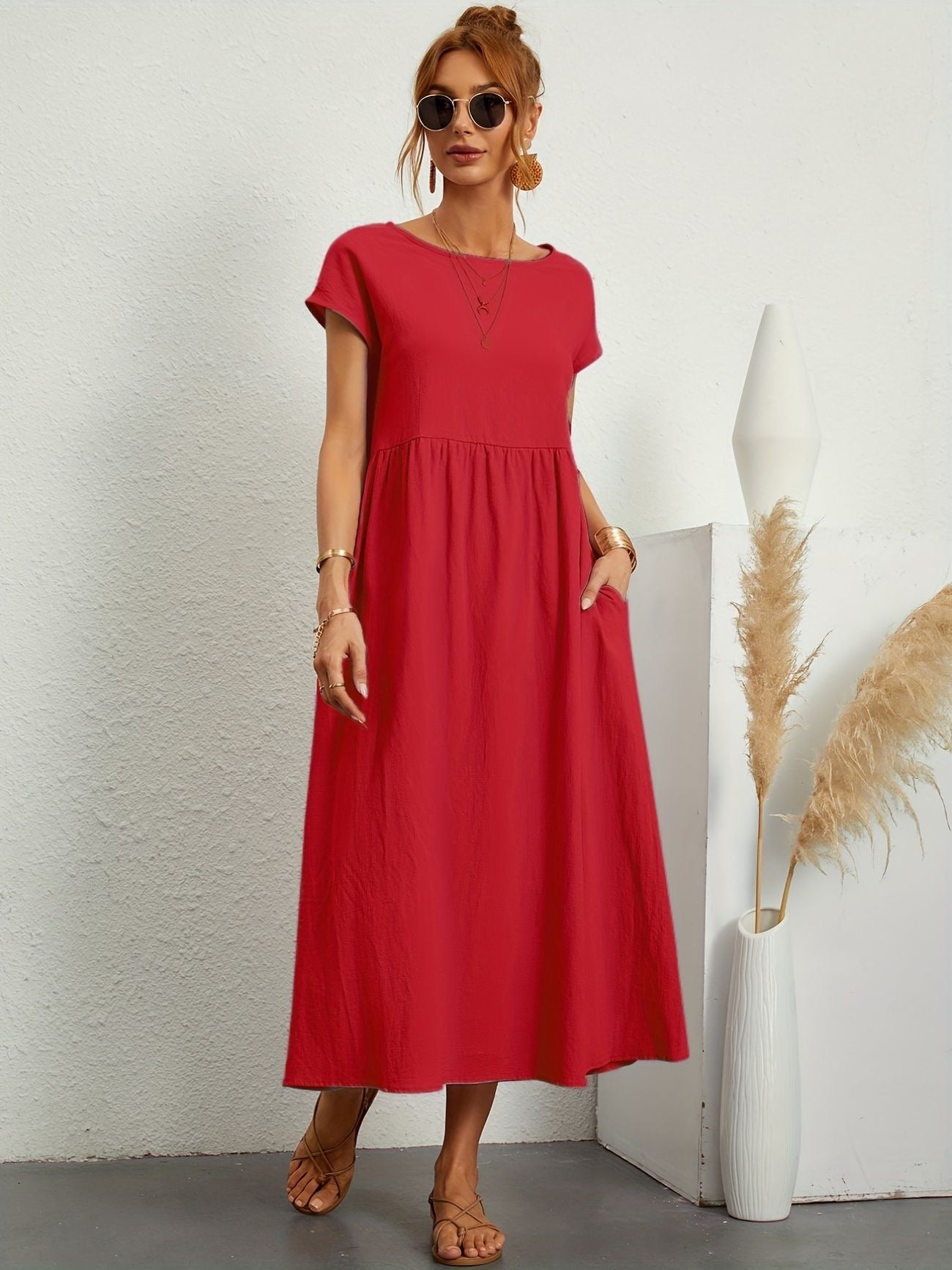 Kaitlyn | Abito Midi Donna Largo con Tasche e Maniche Corte