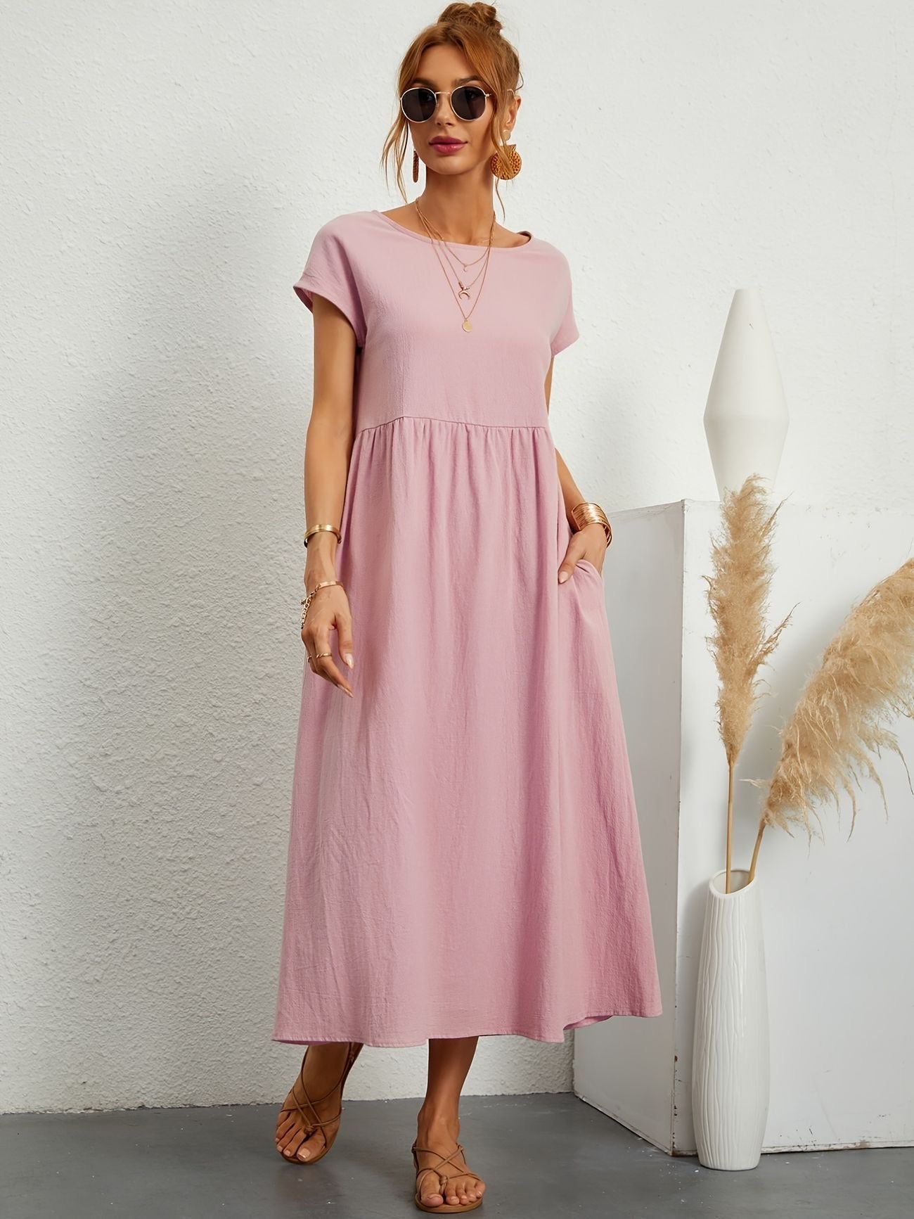 Kaitlyn | Abito Midi Donna Largo con Tasche e Maniche Corte