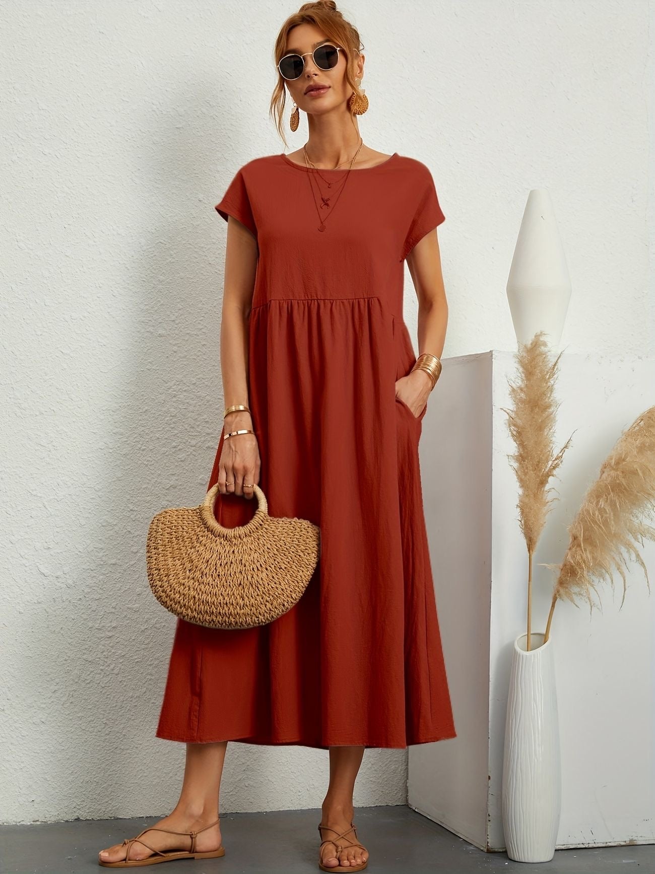 Kaitlyn | Abito Midi Donna Largo con Tasche e Maniche Corte