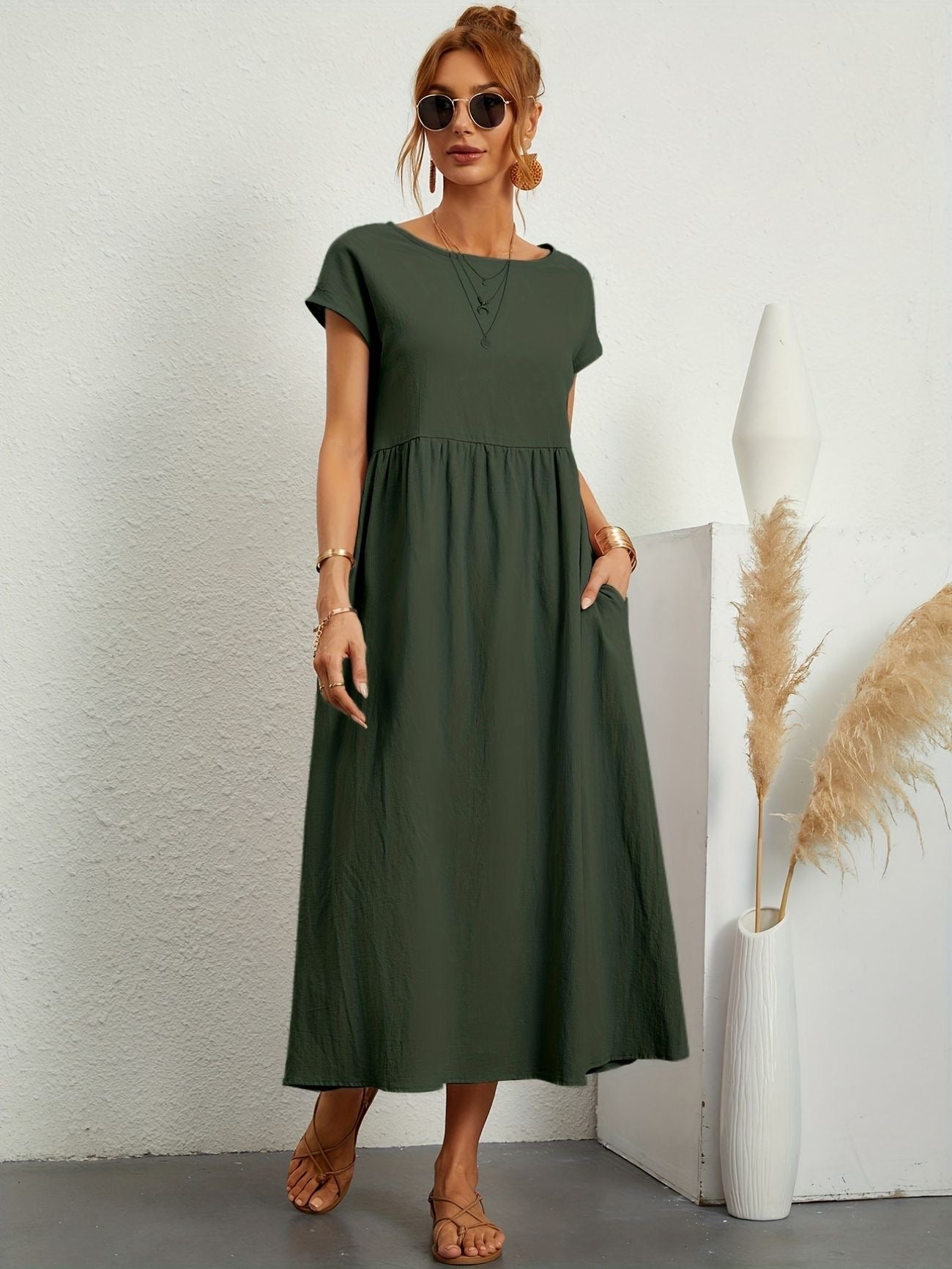 Kaitlyn | Abito Midi Donna Largo con Tasche e Maniche Corte