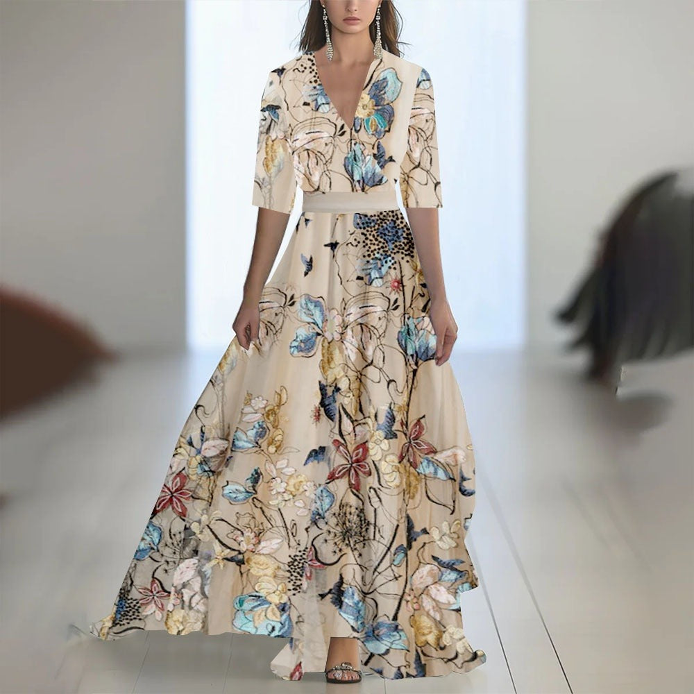 Abito lungo donna in tessuto leggero, scollo a V — vista 5