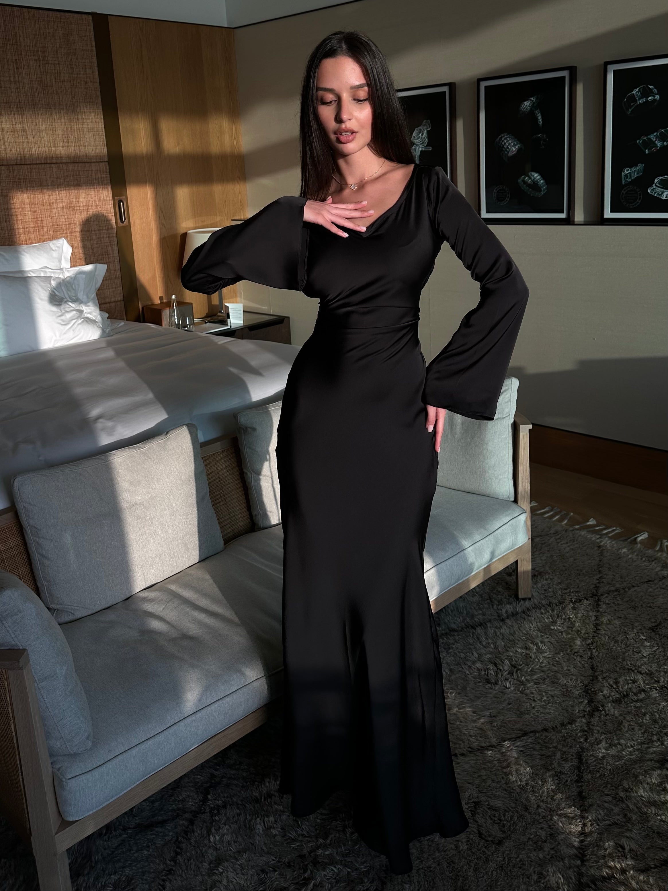 Abito lungo donna in tessuto leggero, maniche lunghe