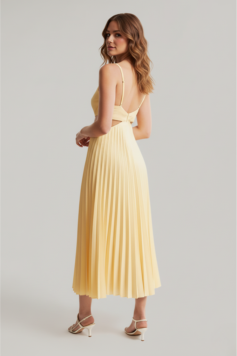 Lauren | Abito midi plissettato con cut-out in vita da donna per matrimoni
