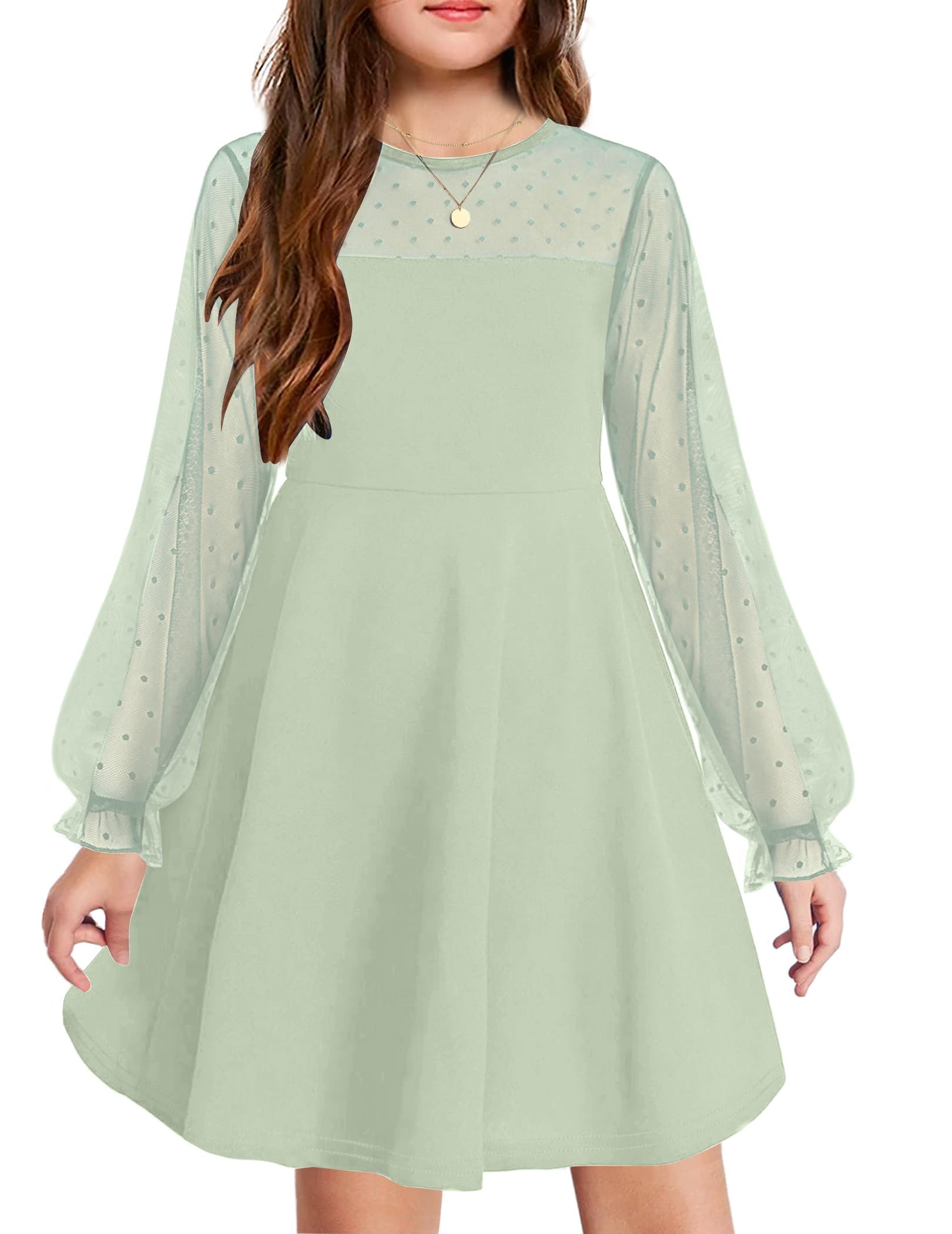 Vestito Aishi per Ragazza – Maniche Lunghe in Mesh, Taglio A-Line e Vita Alta con Tasche