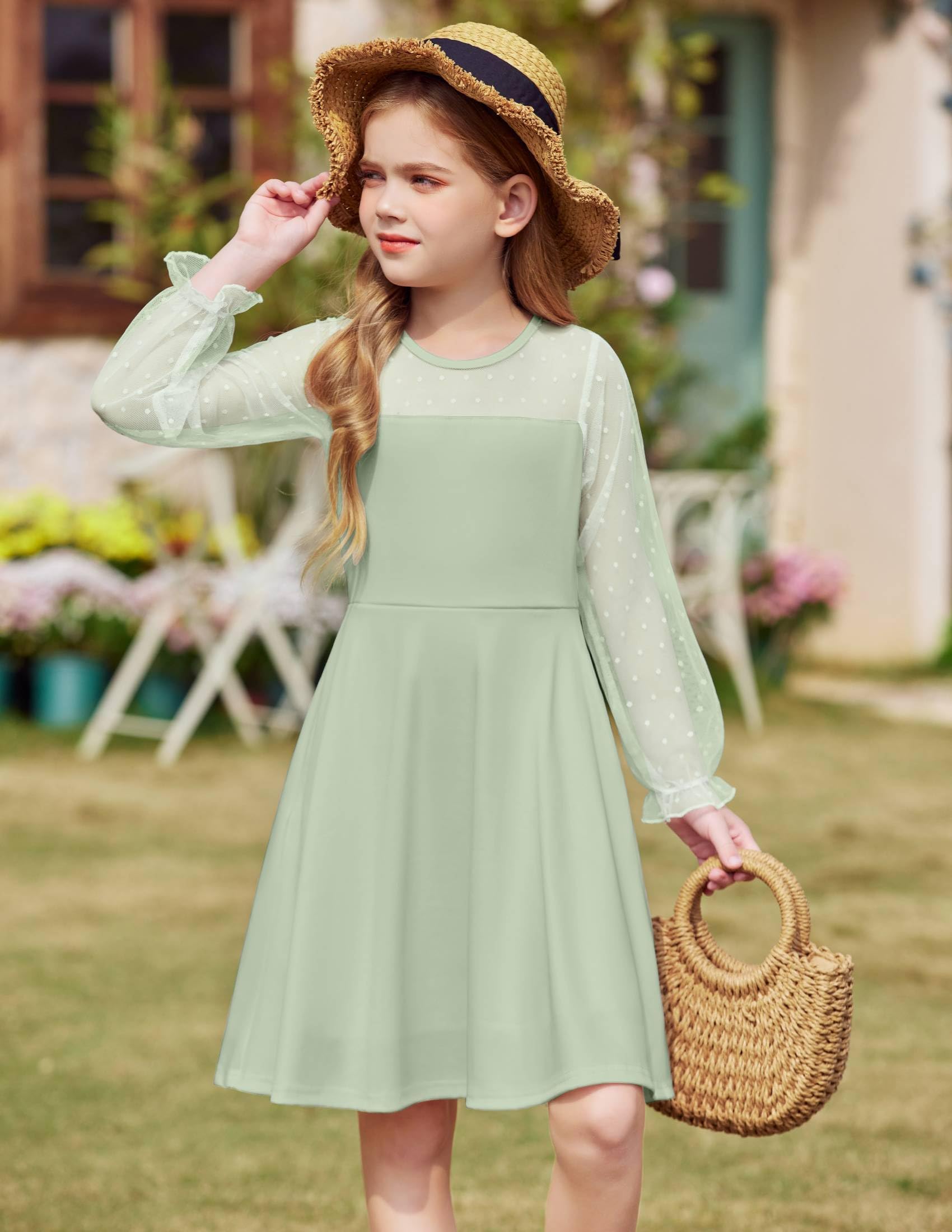 Vestito Aishi per Ragazza – Maniche Lunghe in Mesh, Taglio A-Line e Vita Alta con Tasche