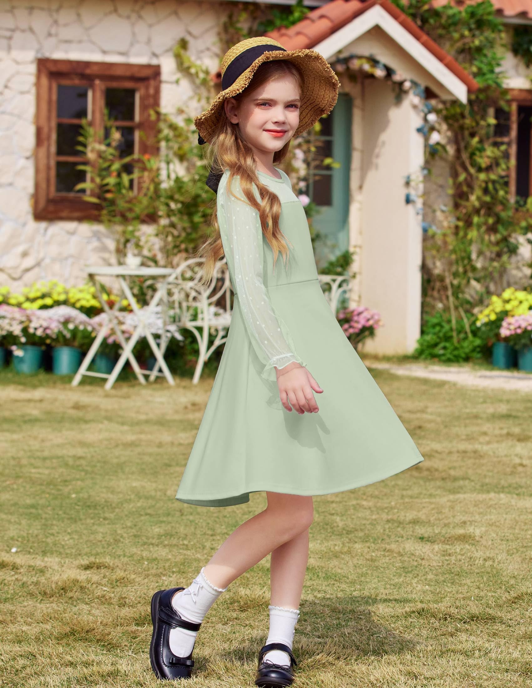 Vestito Aishi per Ragazza – Maniche Lunghe in Mesh, Taglio A-Line e Vita Alta con Tasche