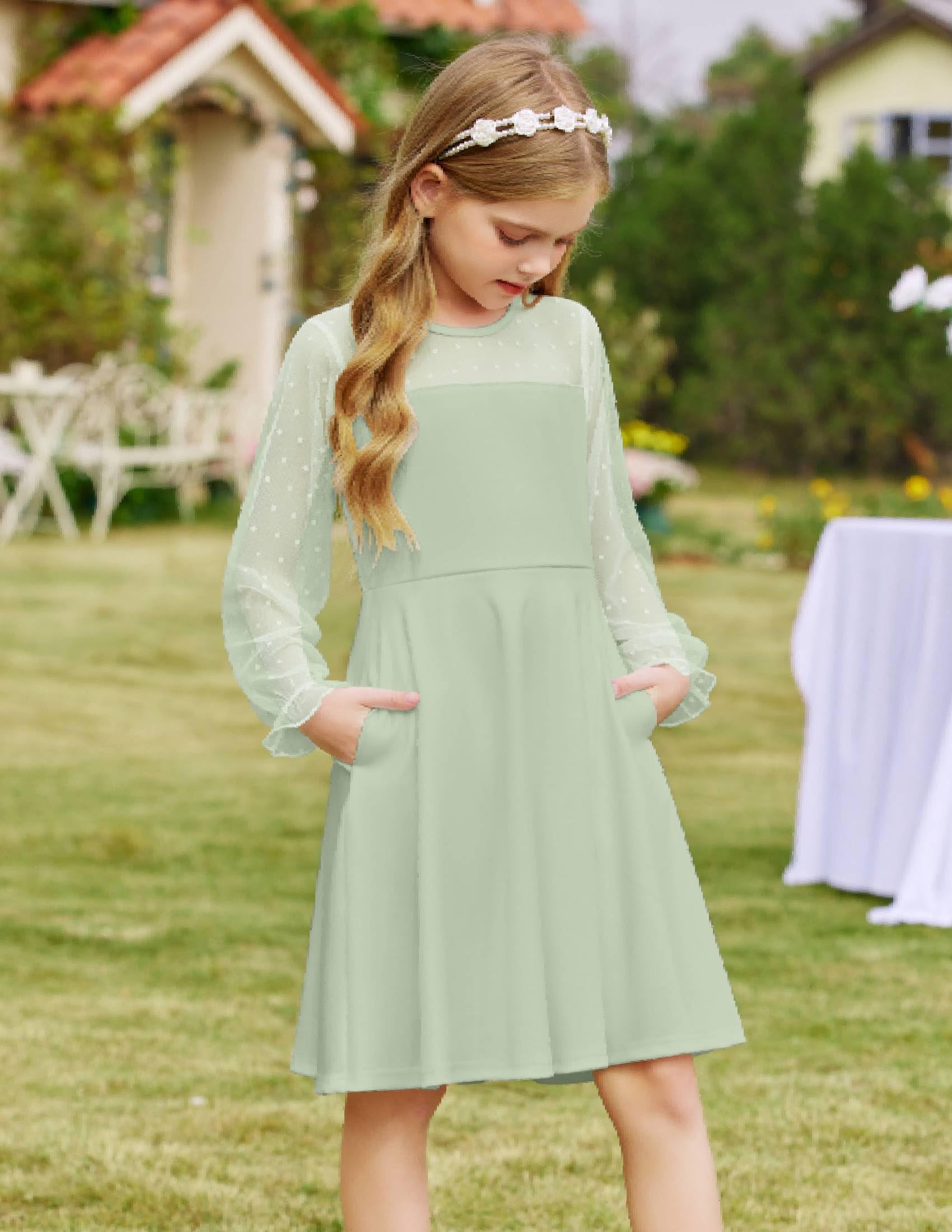Vestito Aishi per Ragazza – Maniche Lunghe in Mesh, Taglio A-Line e Vita Alta con Tasche
