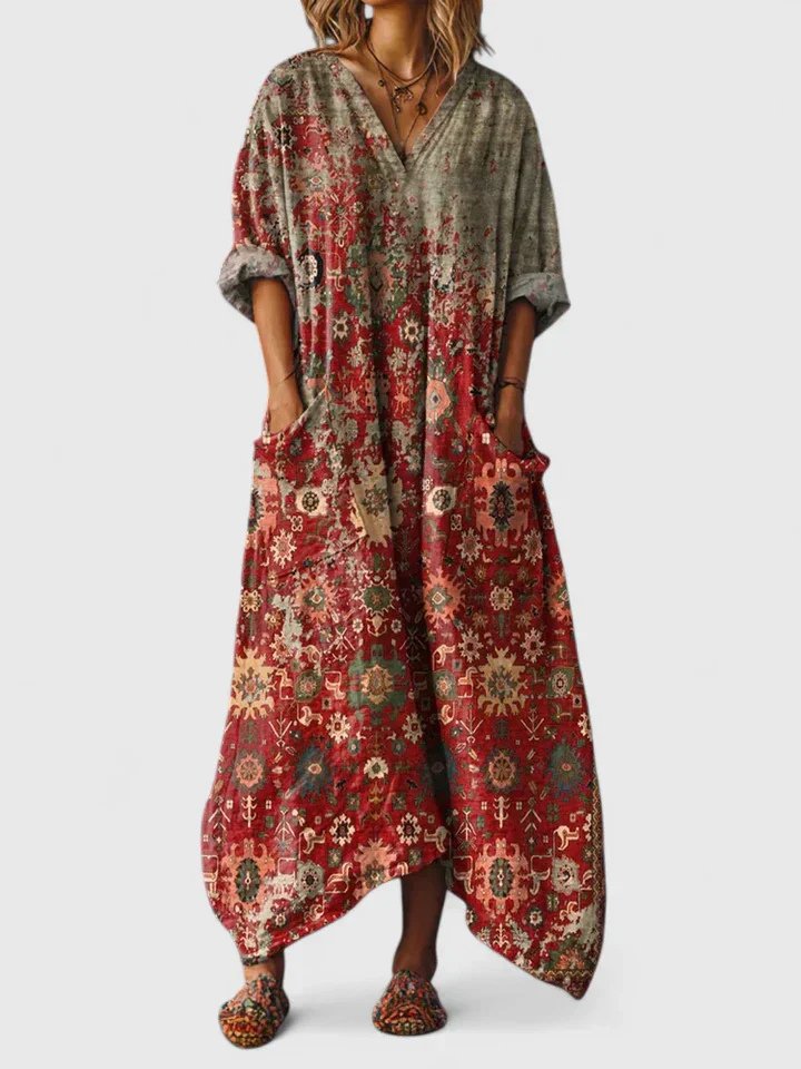 Lily | Abito lungo bohemien da donna in cotone con scollo a V e tasche
