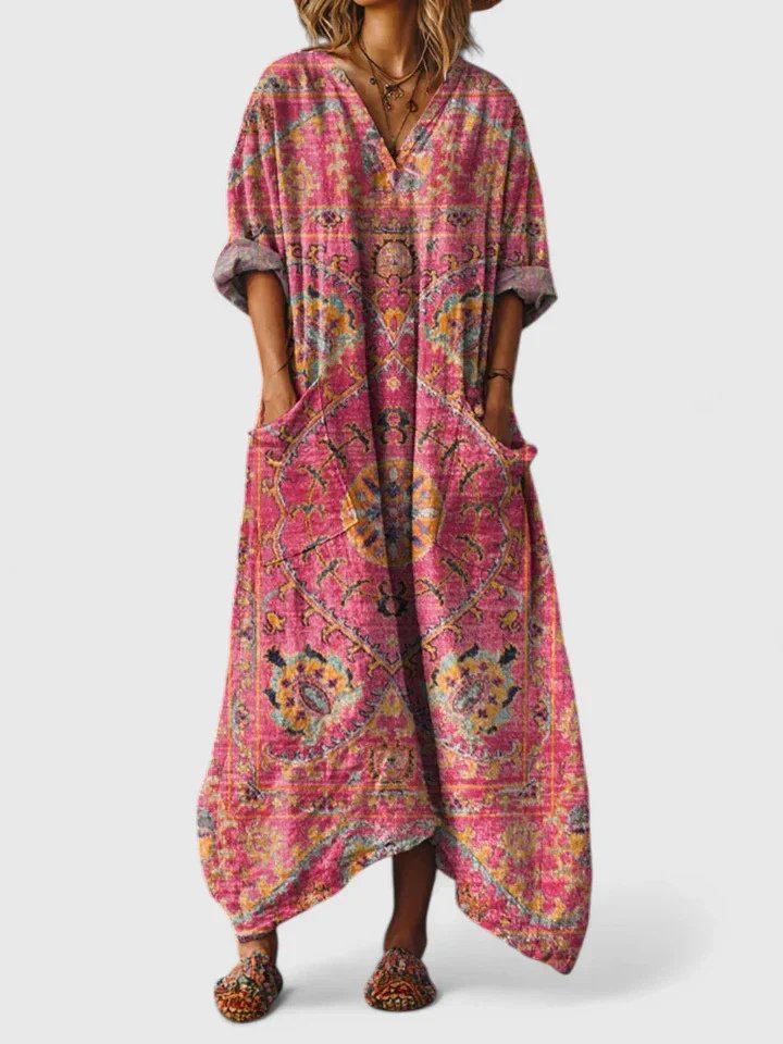 Lily | Abito lungo bohemien da donna in cotone con scollo a V e tasche