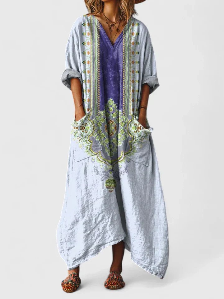 Lily | Abito lungo bohemien da donna in cotone con scollo a V e tasche