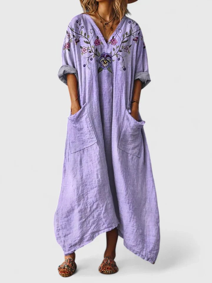 Lily | Abito lungo bohemien da donna in cotone con scollo a V e tasche