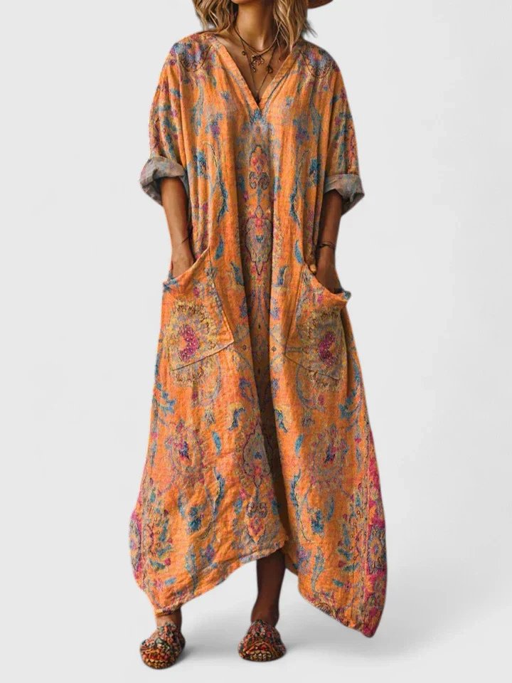 Lily | Abito lungo bohemien da donna in cotone con scollo a V e tasche