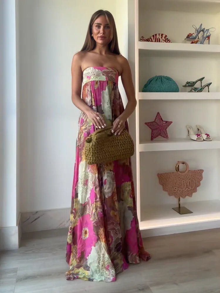 Lily | Abito lungo senza spalline con stampa floreale da donna per invitate a matrimoni