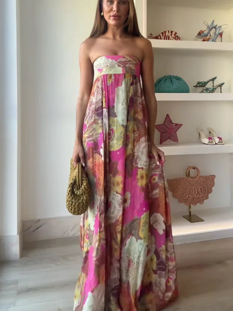 Lily | Abito lungo senza spalline con stampa floreale da donna per invitate a matrimoni