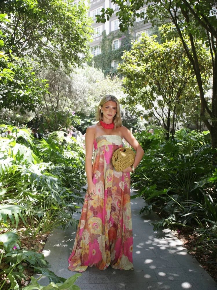 Lily | Abito lungo senza spalline con stampa floreale da donna per invitate a matrimoni