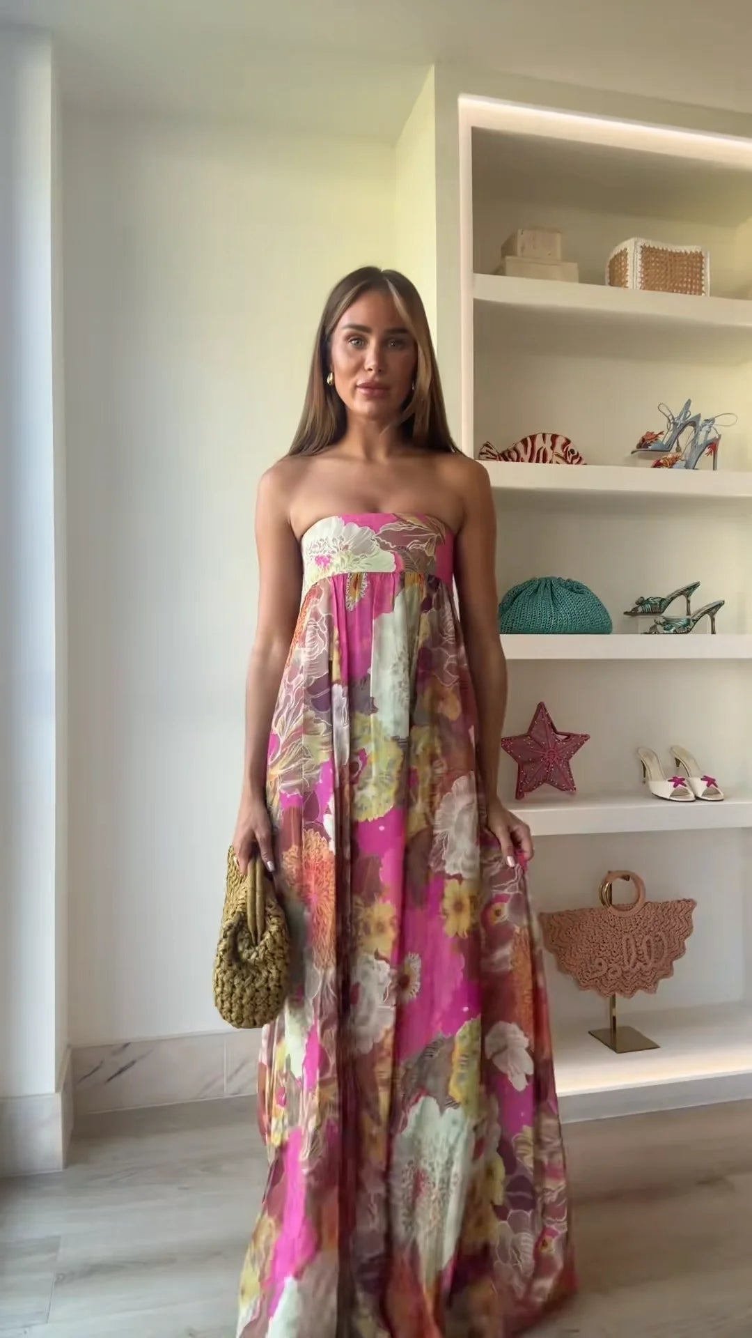 Lily | Abito lungo senza spalline con stampa floreale da donna per invitate a matrimoni