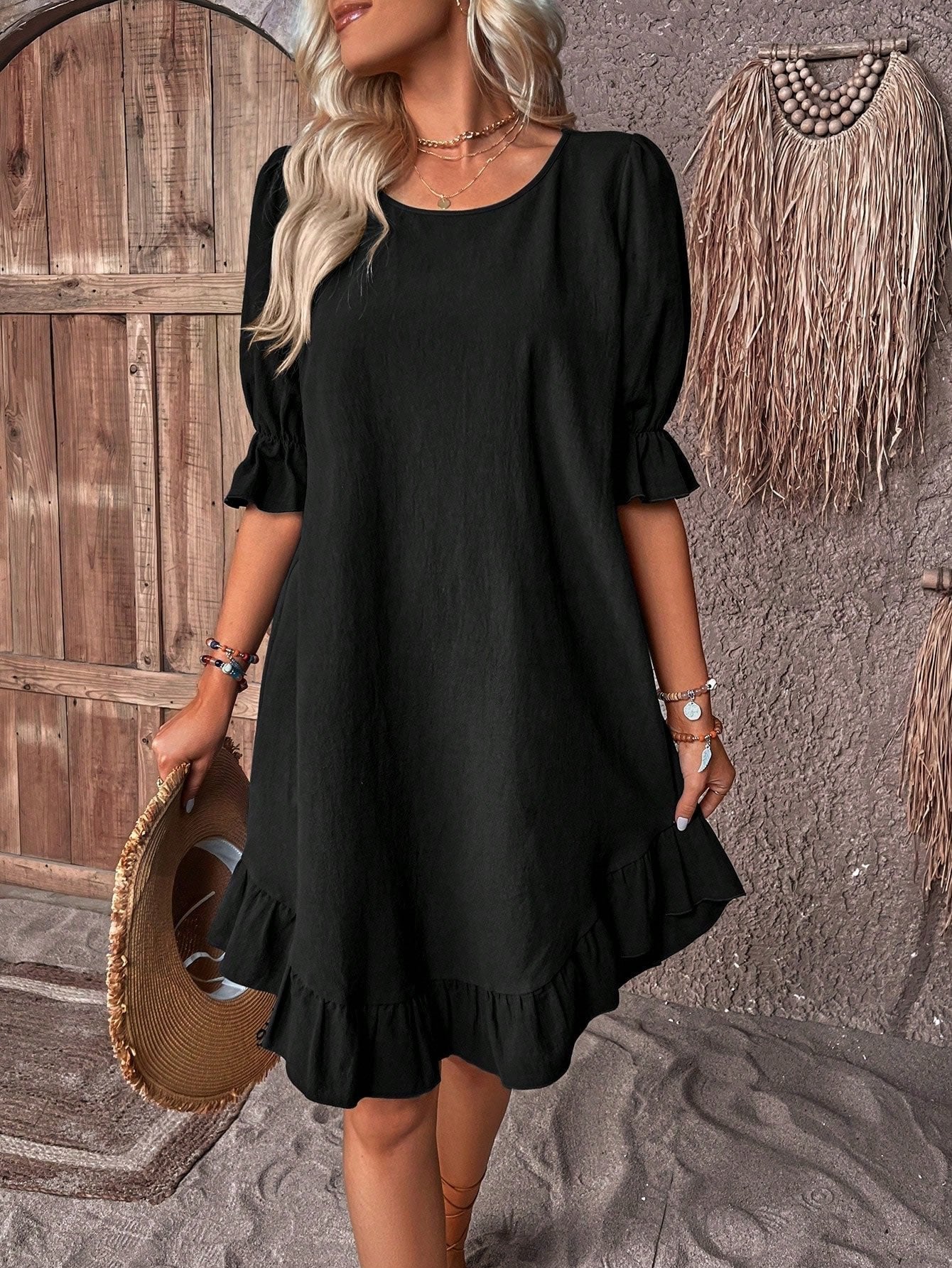 Lily | Vestito corto da donna in lino con volant e maniche a sbuffo