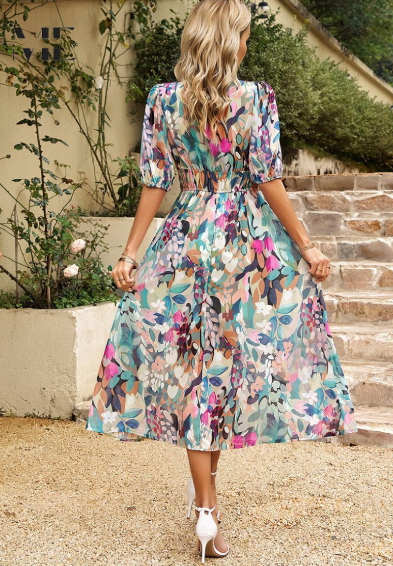 Makayla | Abito midi floreale con scollo a V da donna per invitate a matrimoni