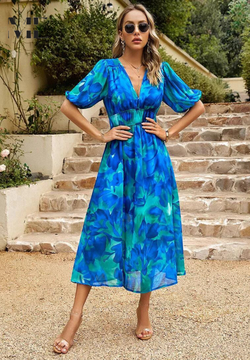 Makayla | Abito midi floreale con scollo a V da donna per invitate a matrimoni