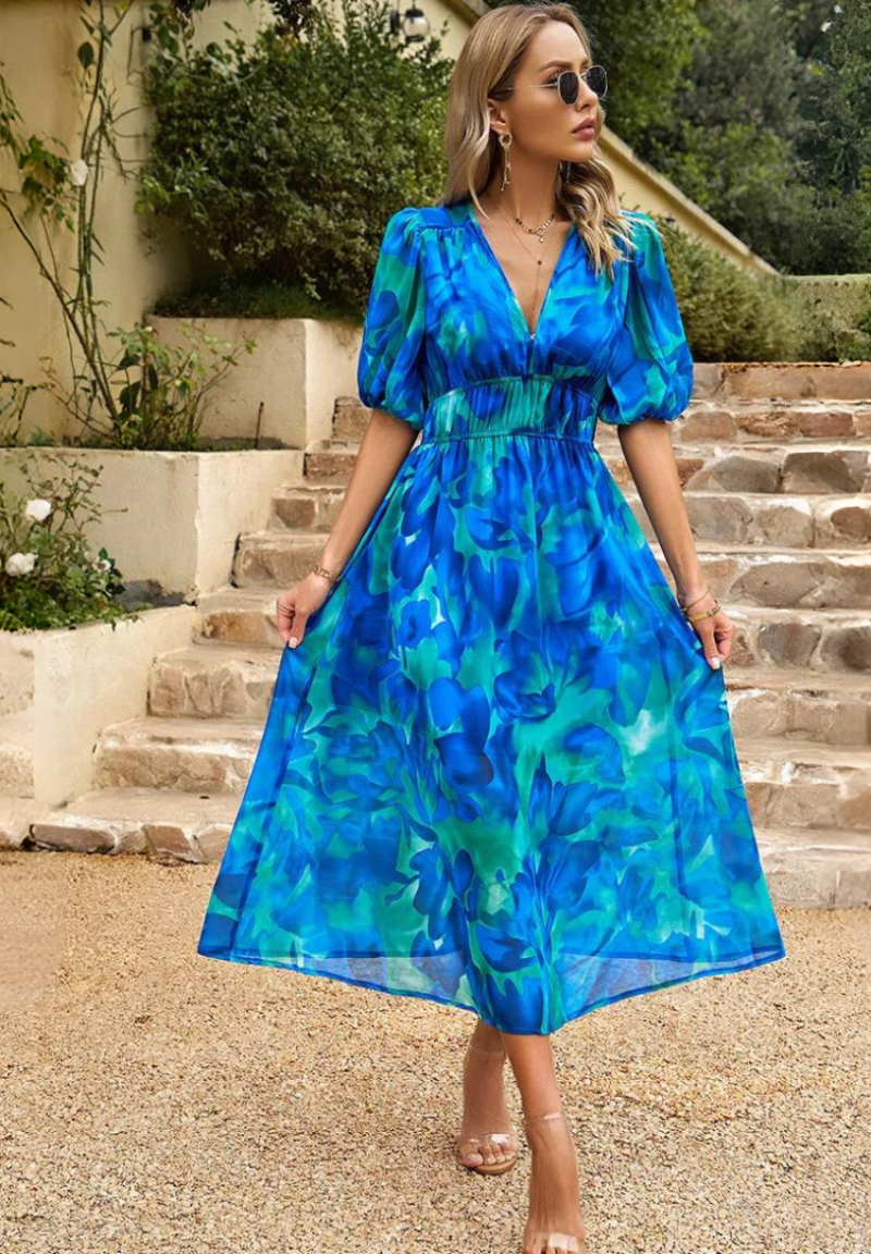 Makayla | Abito midi floreale con scollo a V da donna per invitate a matrimoni