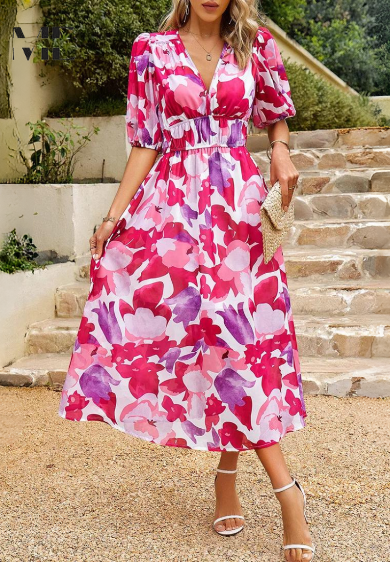 Makayla | Abito midi floreale con scollo a V da donna per invitate a matrimoni