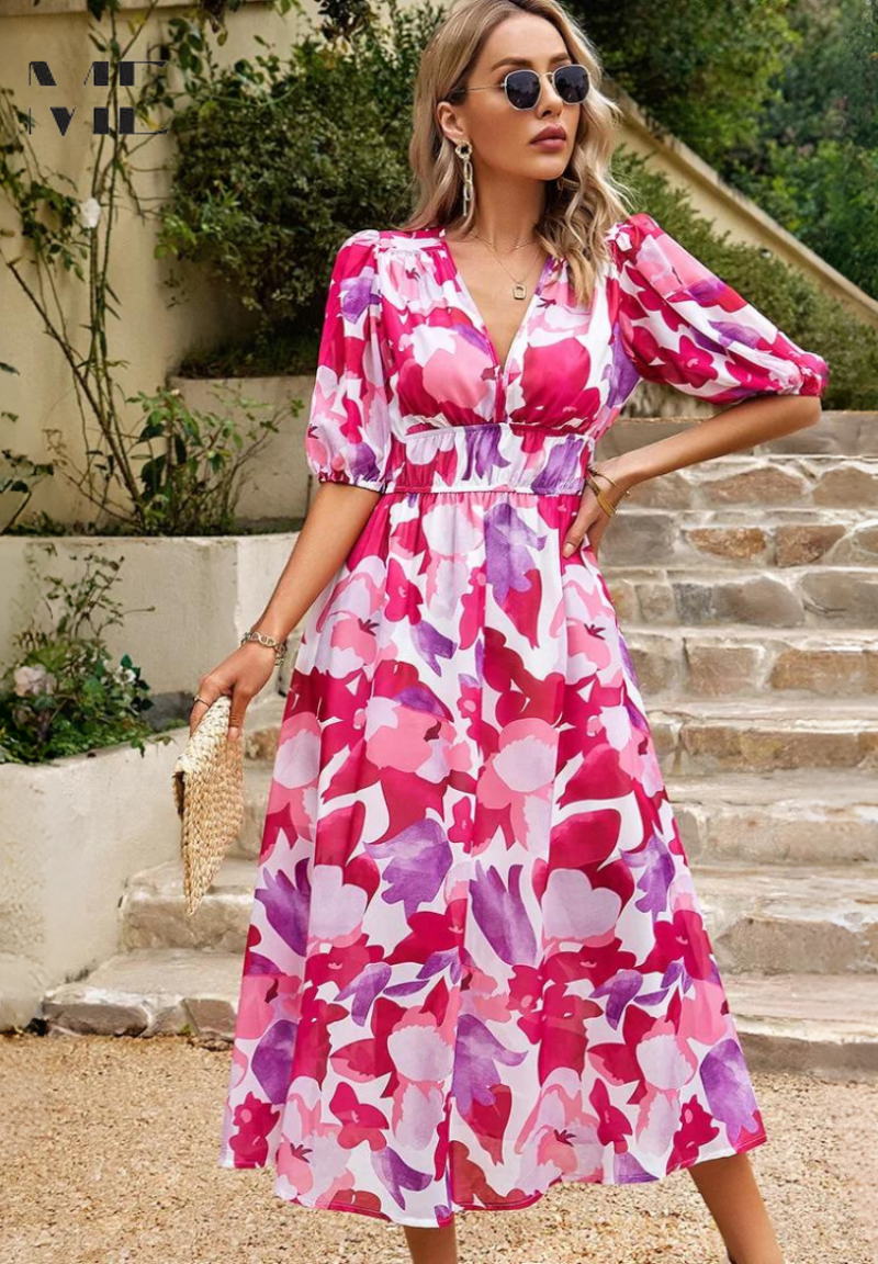 Makayla | Abito midi floreale con scollo a V da donna per invitate a matrimoni