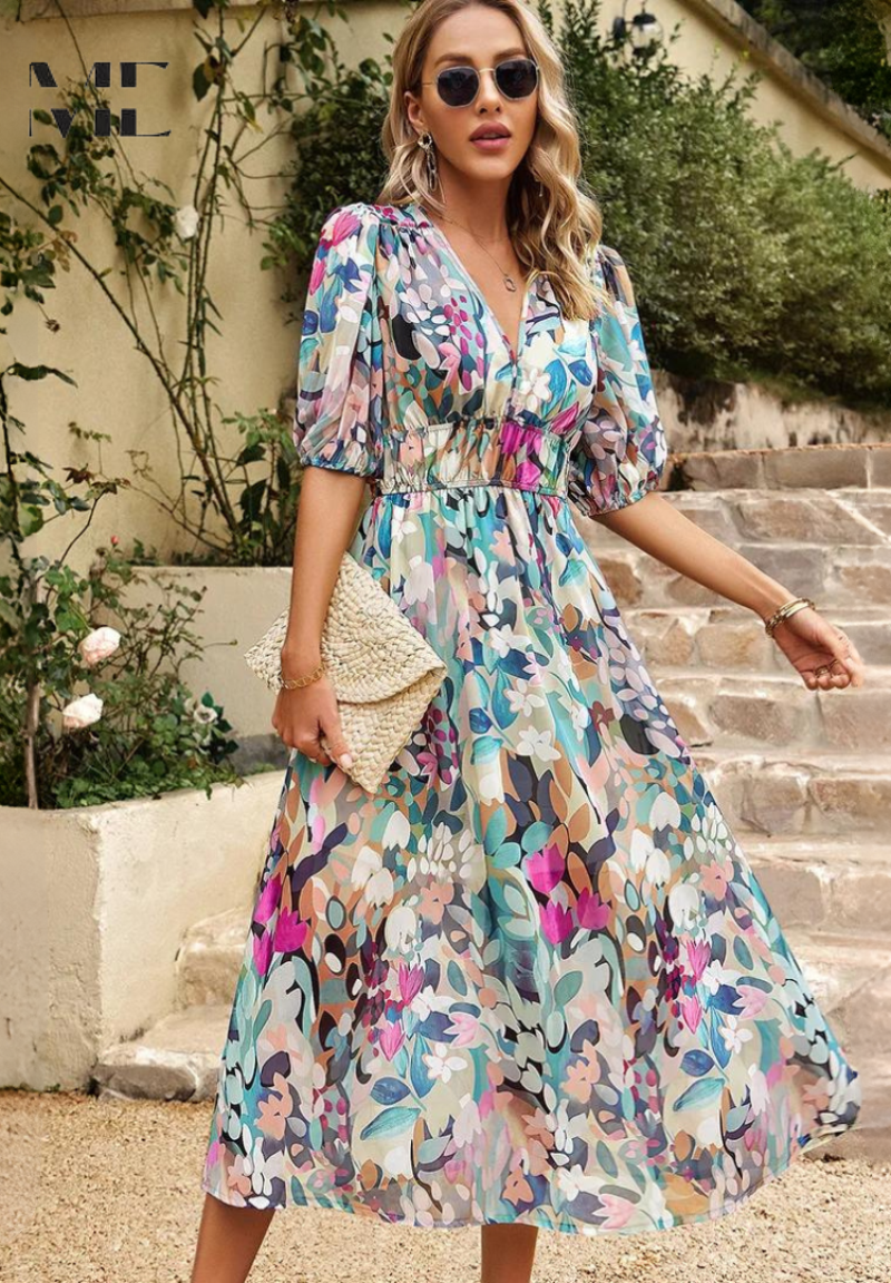 Makayla | Abito midi floreale con scollo a V da donna per invitate a matrimoni