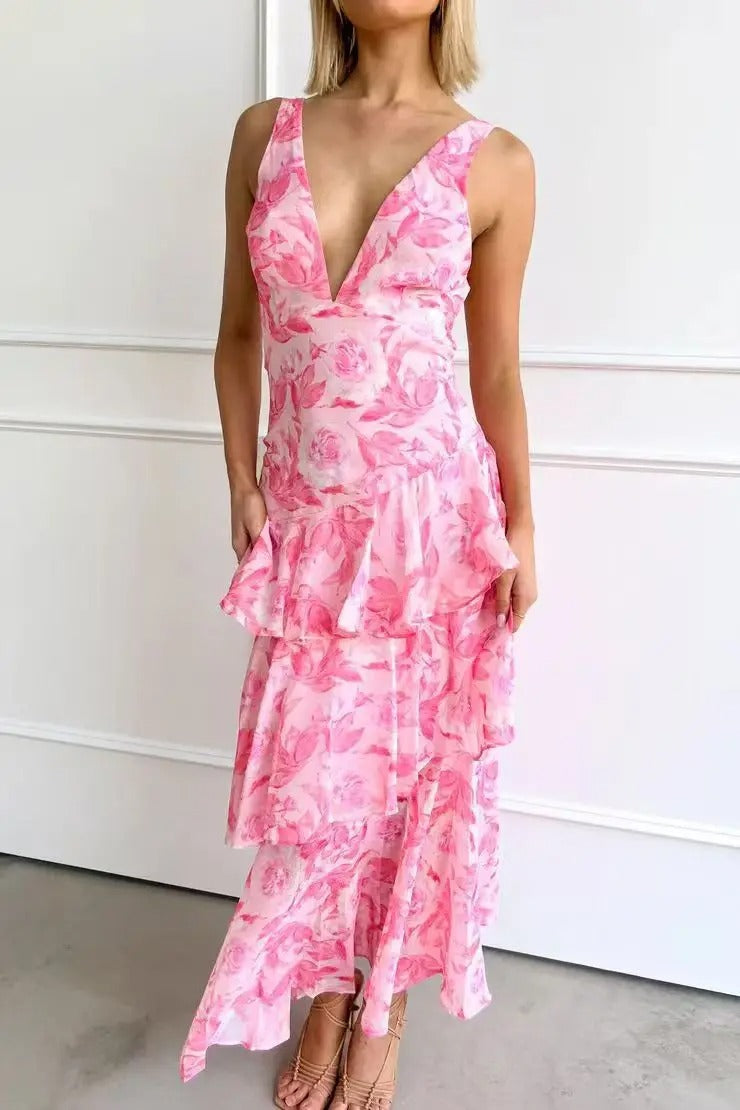 Maria | Abito lungo elegante da donna con motivo floreale e design a balze