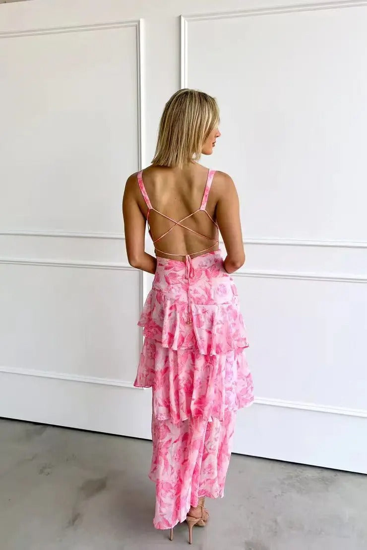 Maria | Abito lungo elegante da donna con motivo floreale e design a balze