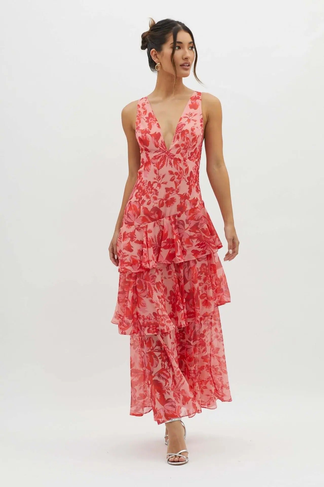 Maria | Abito lungo elegante da donna con motivo floreale e design a balze